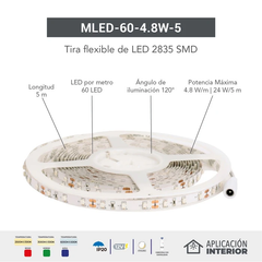 Tira LED Flexible 2835 SMD 12V Interior Blanco Cálido